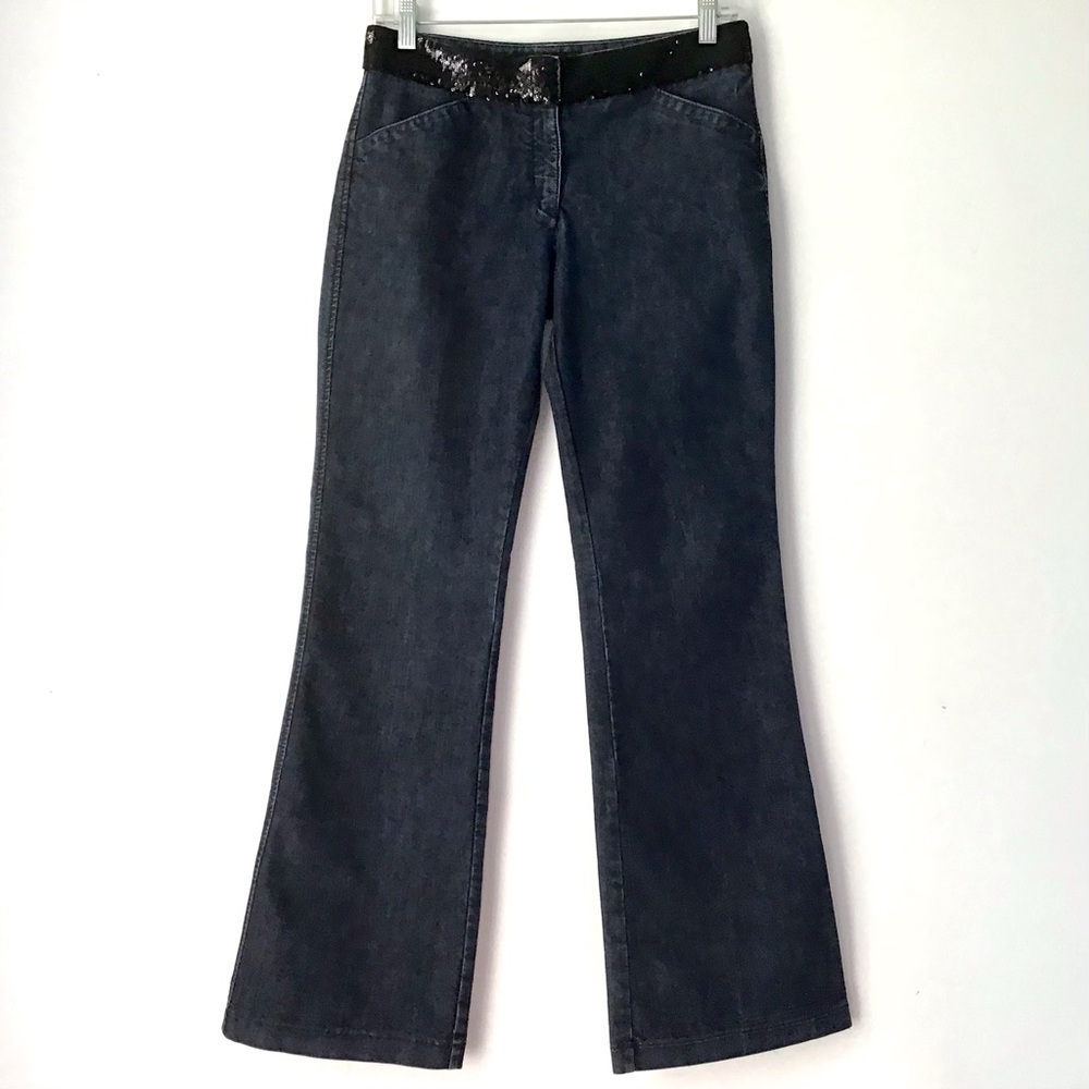 Express Design Studios Editor Stretch Jeans Size 4 Dark Wash Flare Sequin Waist